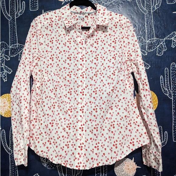 Boden Strawberry Print Button Down Classic Fit Shirt White Pink Women's Size 10 - Picture 2 of 7